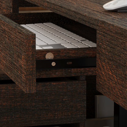 Bureau d'ordinateur en L à 3 tiroirs relevables (hauteur réglable de 74 à 112 cm) avec bibliothèque de 150 cm de large