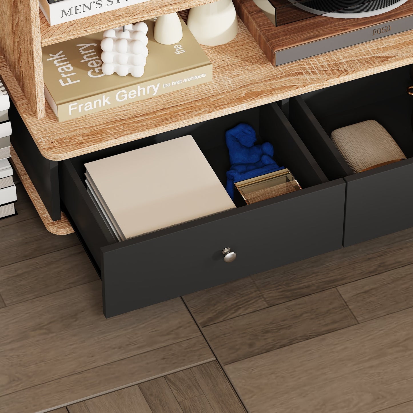 Meuble TV/console multimédia de 70 pouces de large à 4 tiroirs avec support TV et 6 roues