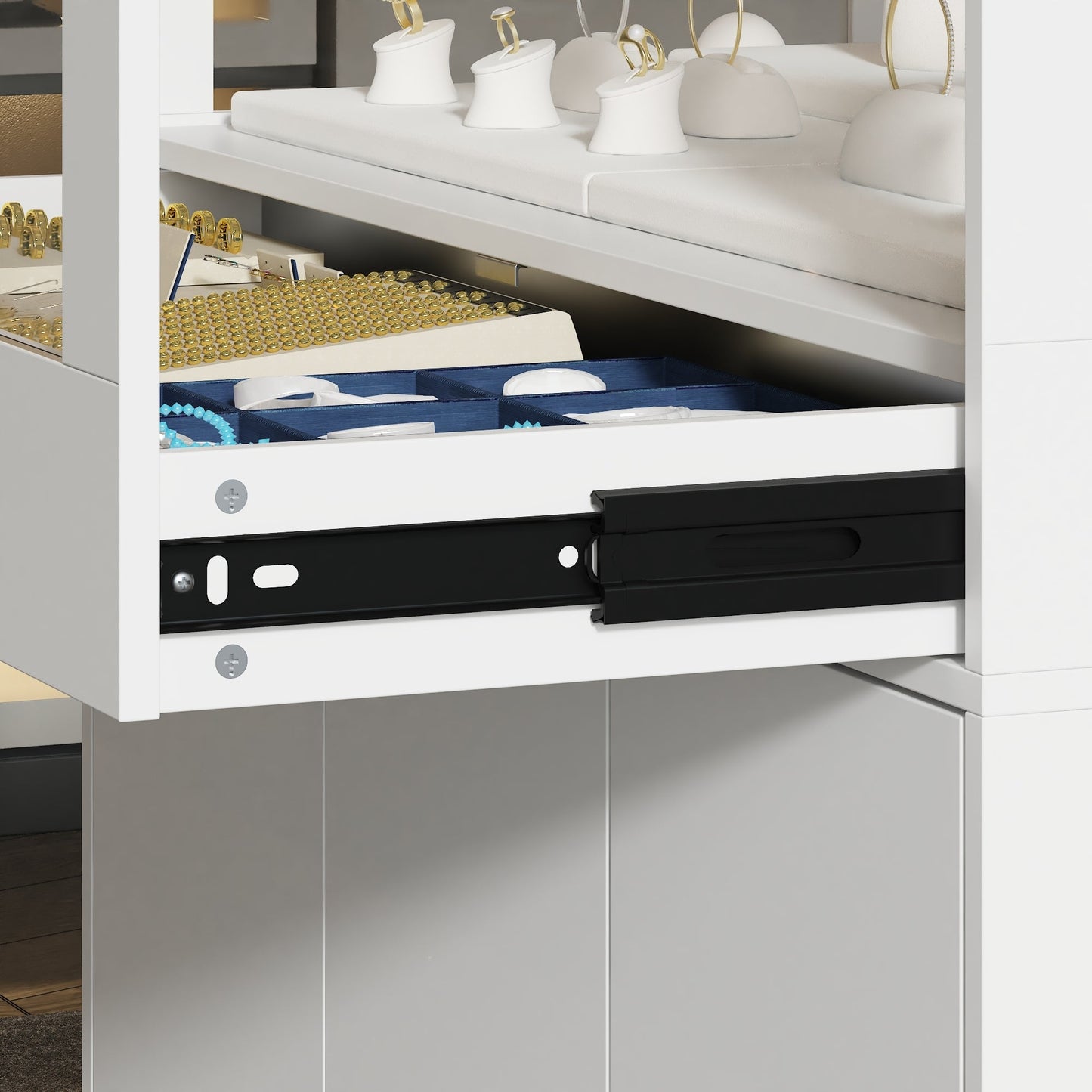 Armoire à bijoux à 1 tiroir et 3 portes avec plateau en verre trempé