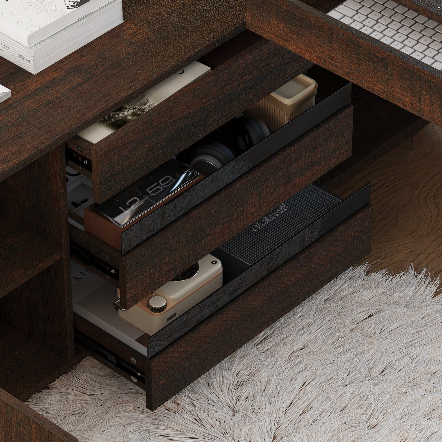 Bureau d'ordinateur en L à 3 tiroirs relevables (hauteur réglable de 74 à 112 cm) avec bibliothèque de 150 cm de large