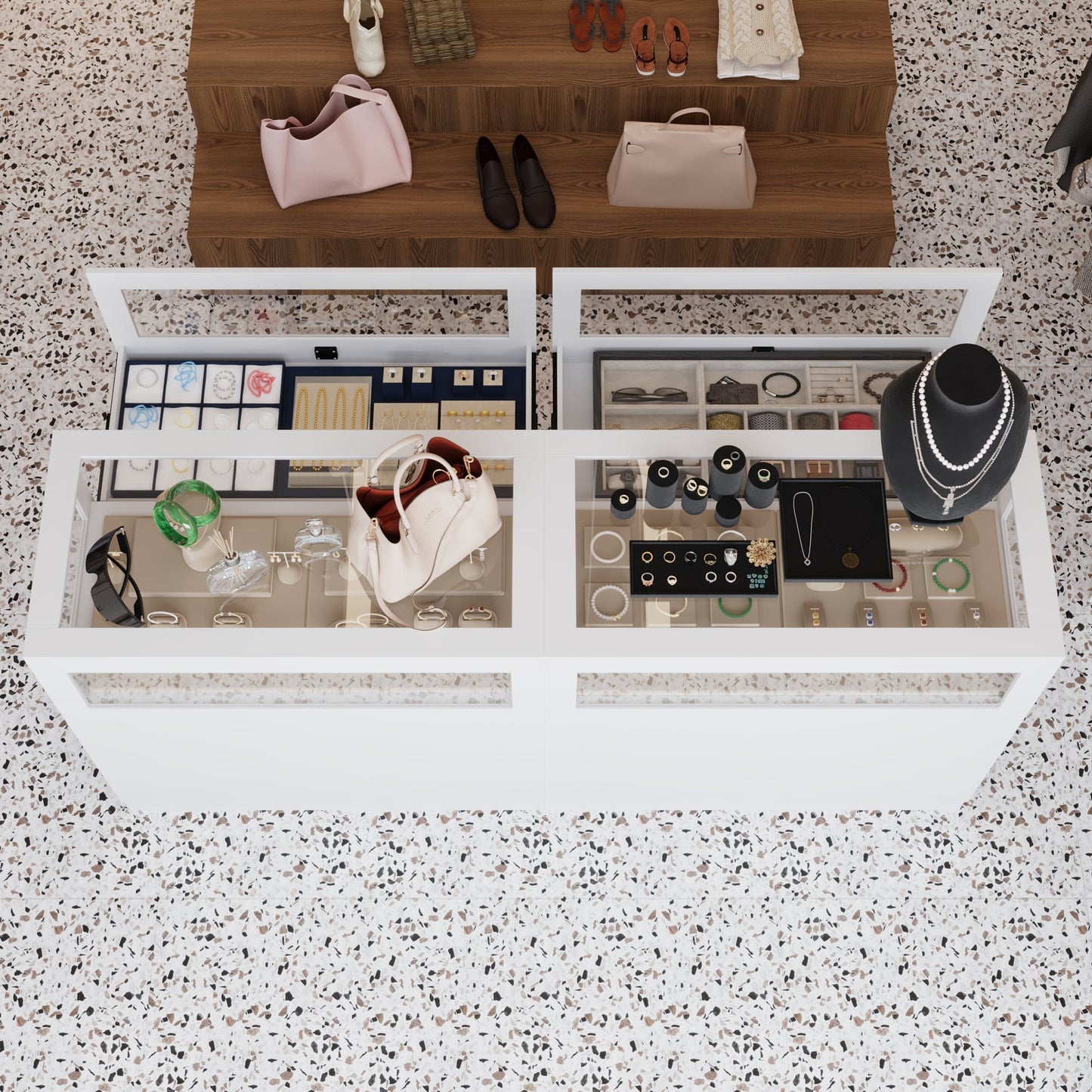 Armoire à bijoux à 1 tiroir et 3 portes avec plateau en verre trempé