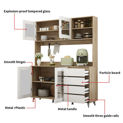 Grand placard de rangement de cuisine 63W avec étagère supérieure, 4 portes, 4 tiroirs et étagère pour micro-ondes 
