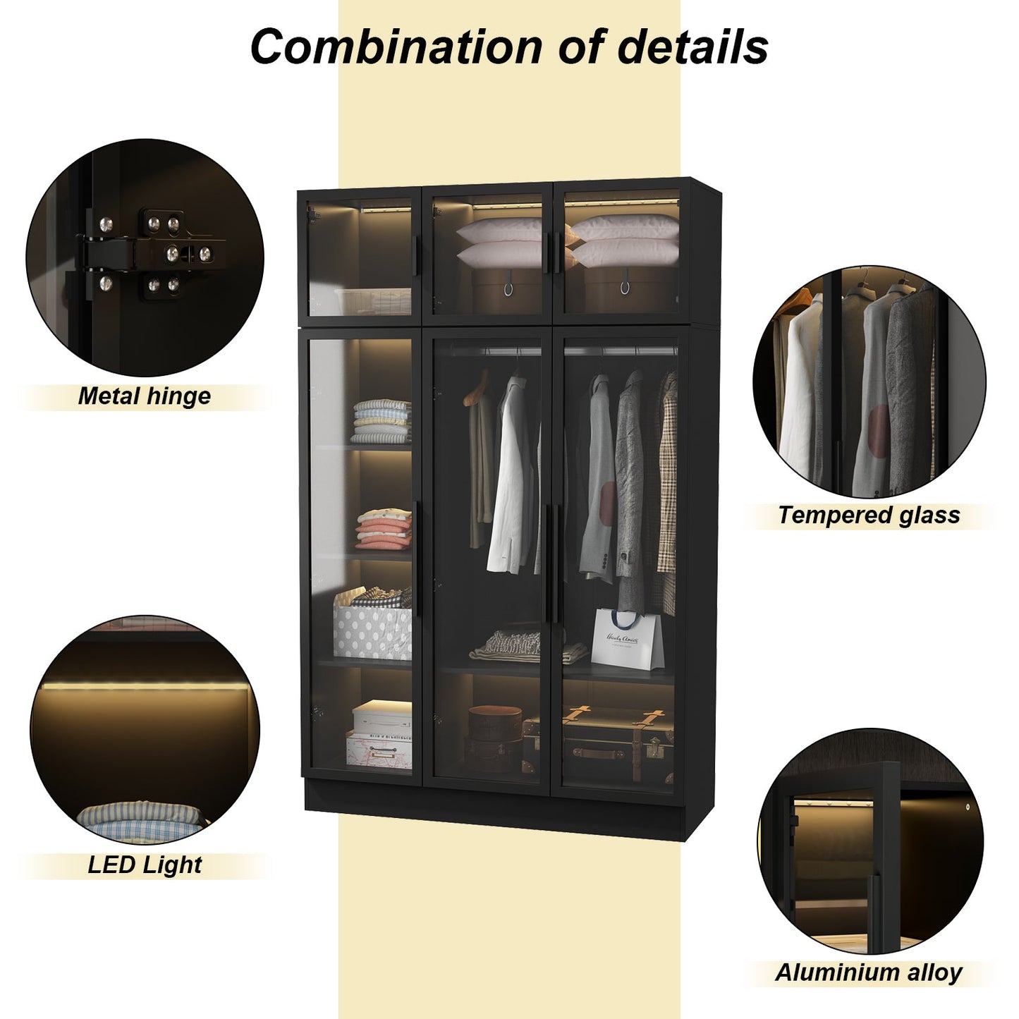 Grande armoire de chambre à coucher avec rangement pour vêtements, éclairage LED et portes vitrées