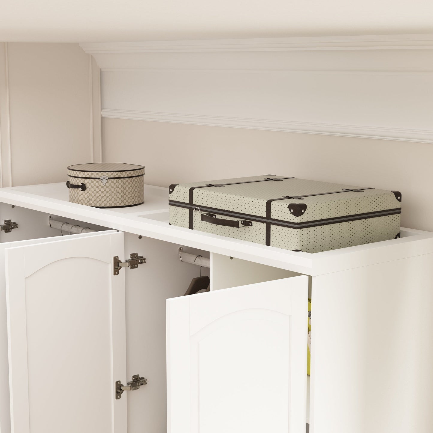 Armoire-penderie blanche élégante de 63 pouces de large avec miroir, 4 portes et 6 tiroirs