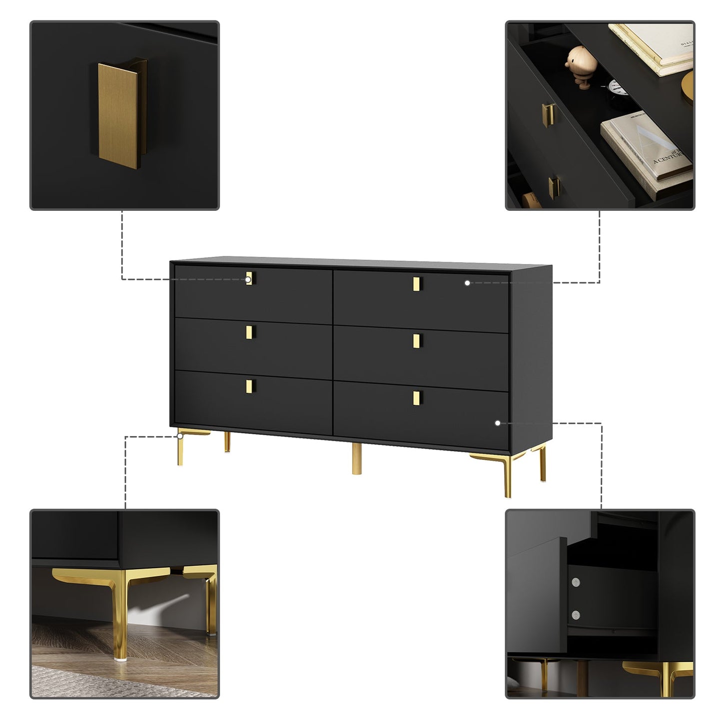 Buffet/commode à 6 tiroirs avec pieds en métal pour le rangement à domicile