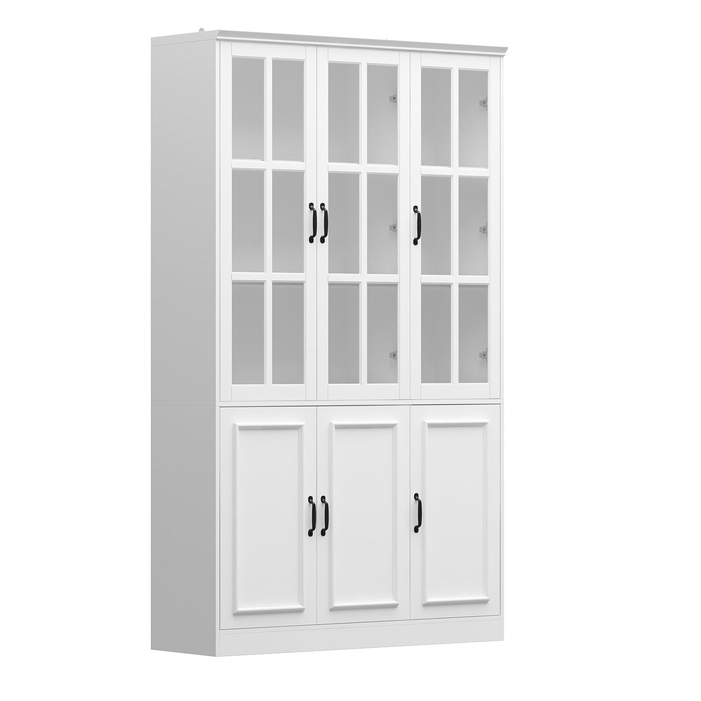 Vitrine d'angle avec étagère de rangement et bibliothèque, combinant 4 portes vitrées et 2 tiroirs