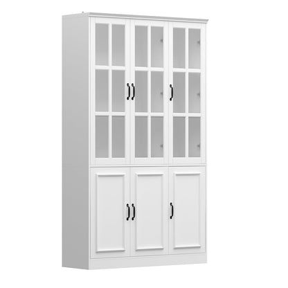 Vitrine d'angle avec étagère de rangement et bibliothèque, combinant 4 portes vitrées et 2 tiroirs