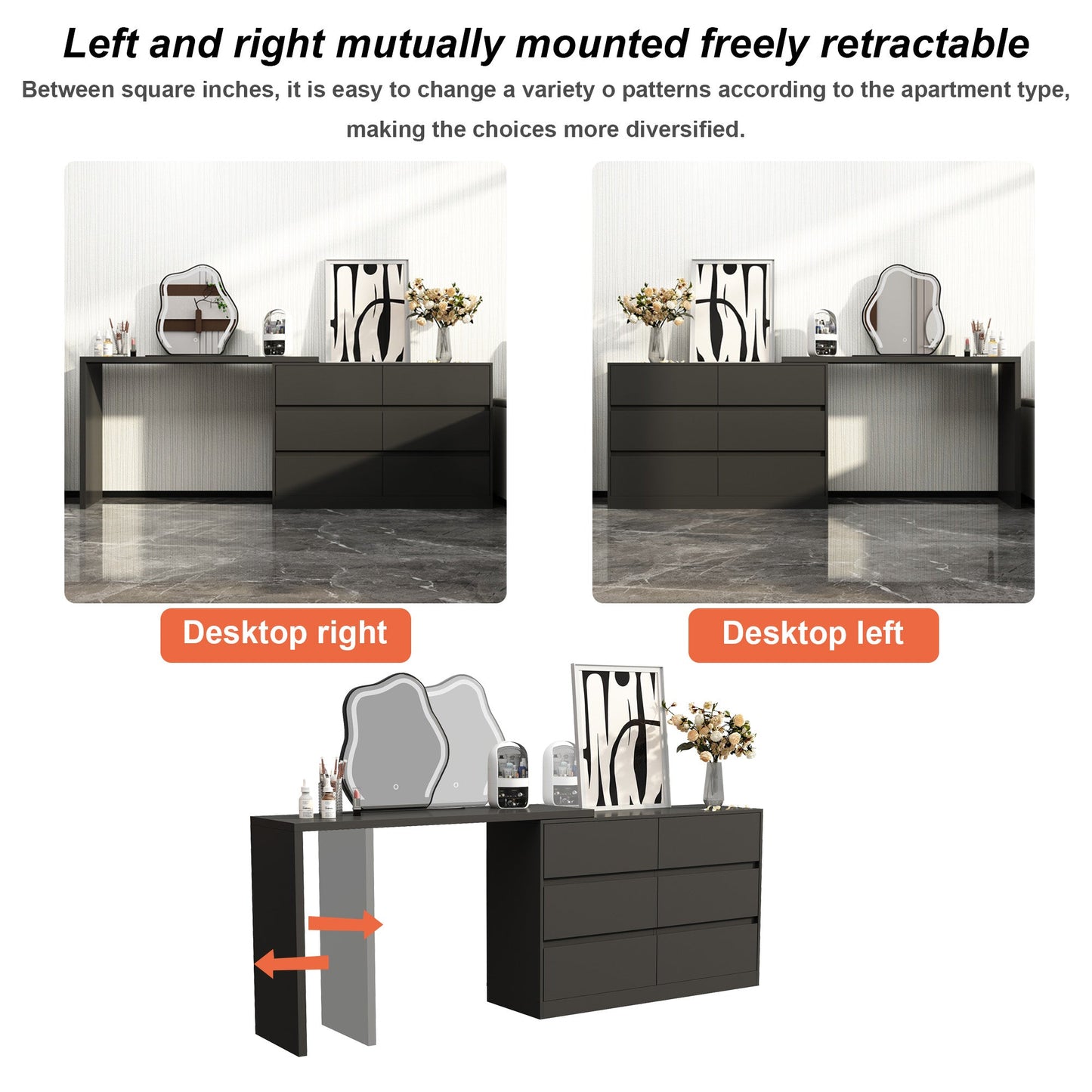 Table de travail pivotante en forme de L avec 6 tiroirs