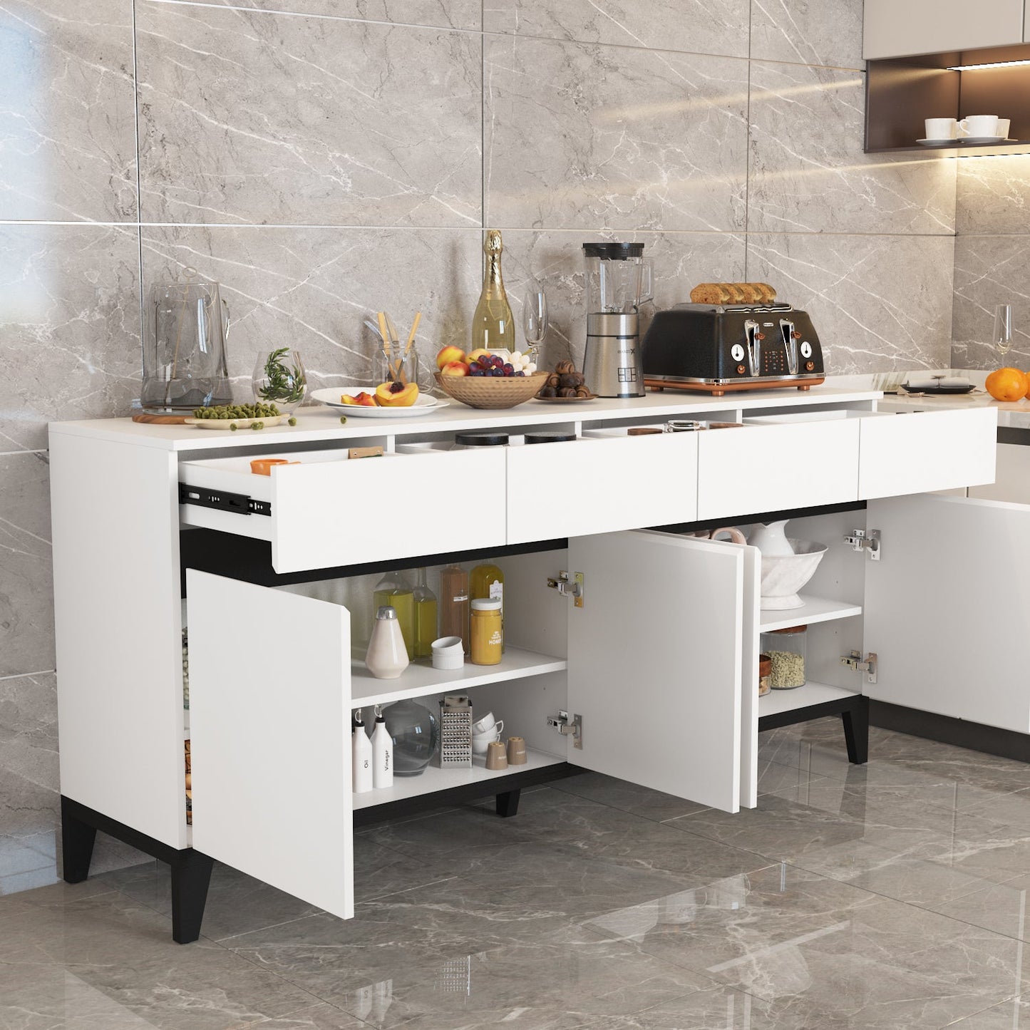 Buffet moderne à 4 portes et 4 tiroirs, meuble de rangement pour cuisine
