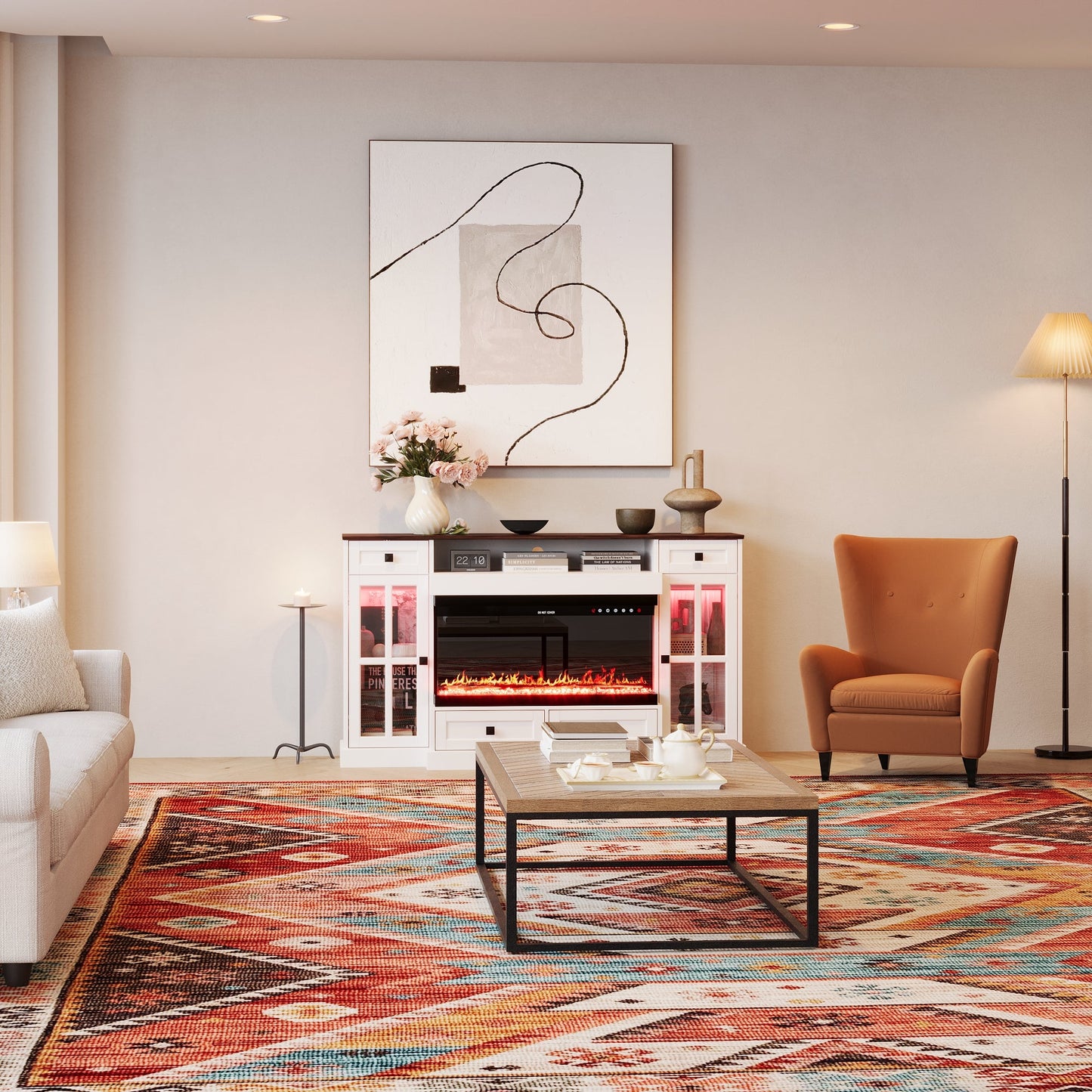 Cheminée électronique de 76 cm avec meuble TV blanc et éclairage réglable