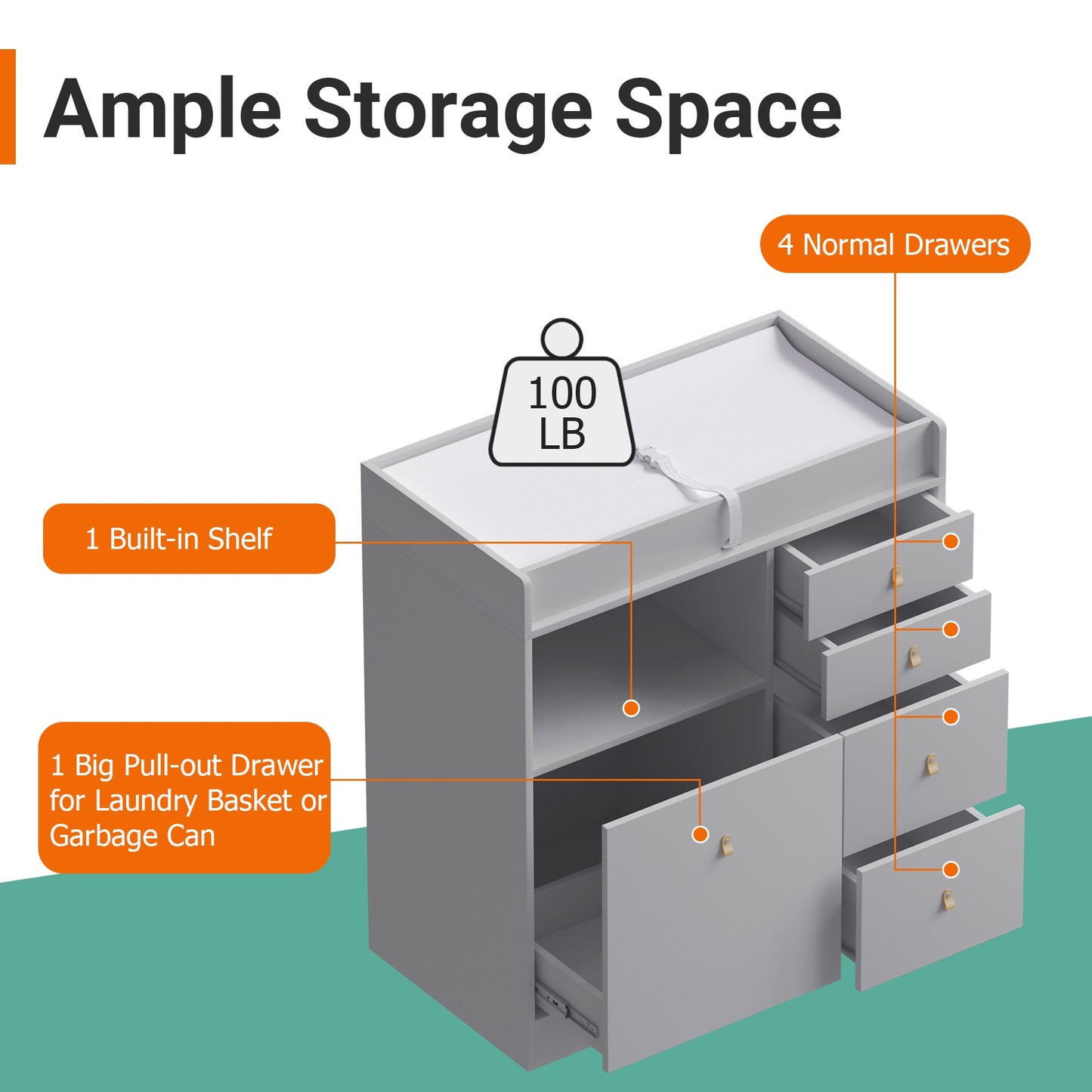 Table à langer pour bébé avec 5 tiroirs et 1 espace de rangement ouvert