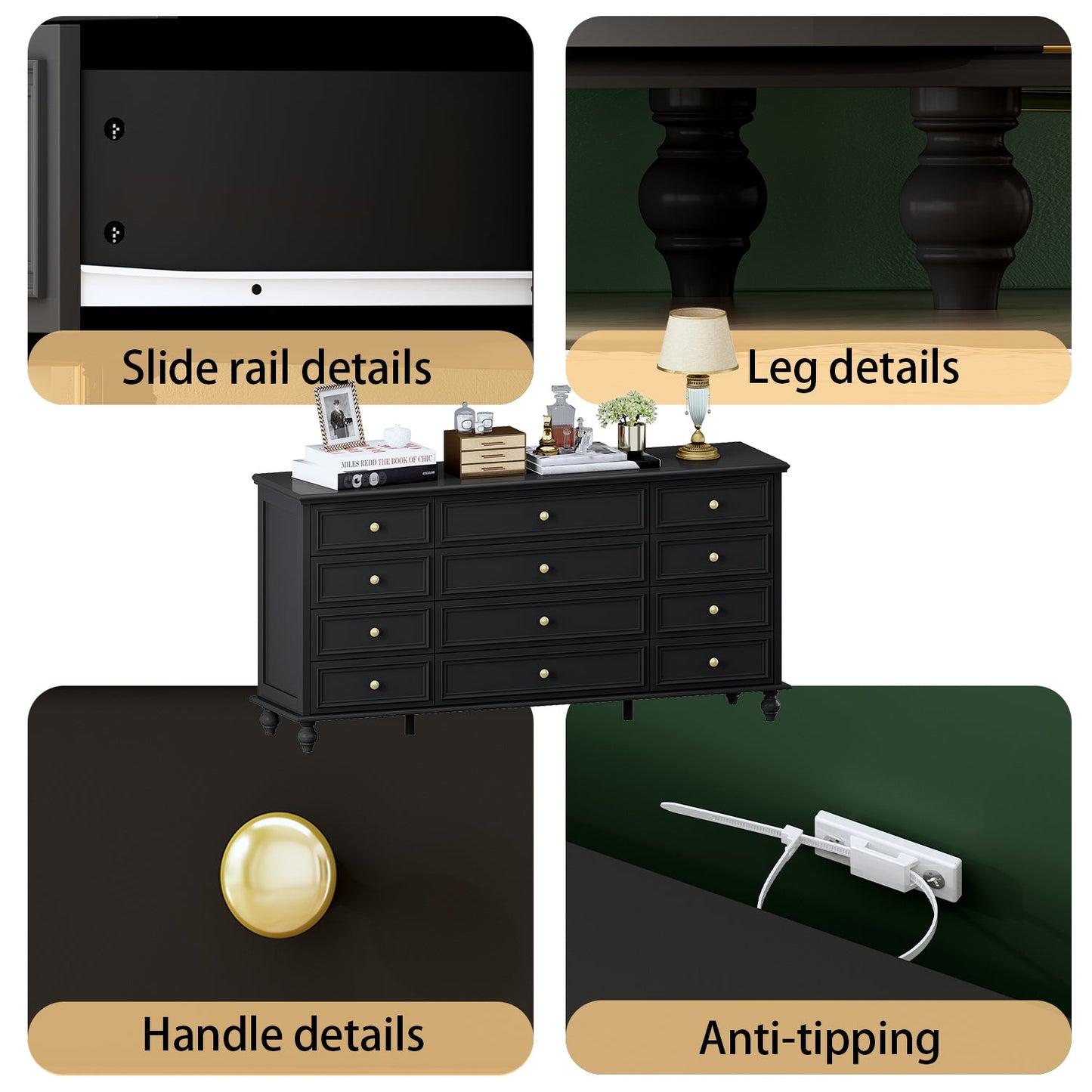 Commode à 12 tiroirs, commode triple, console large