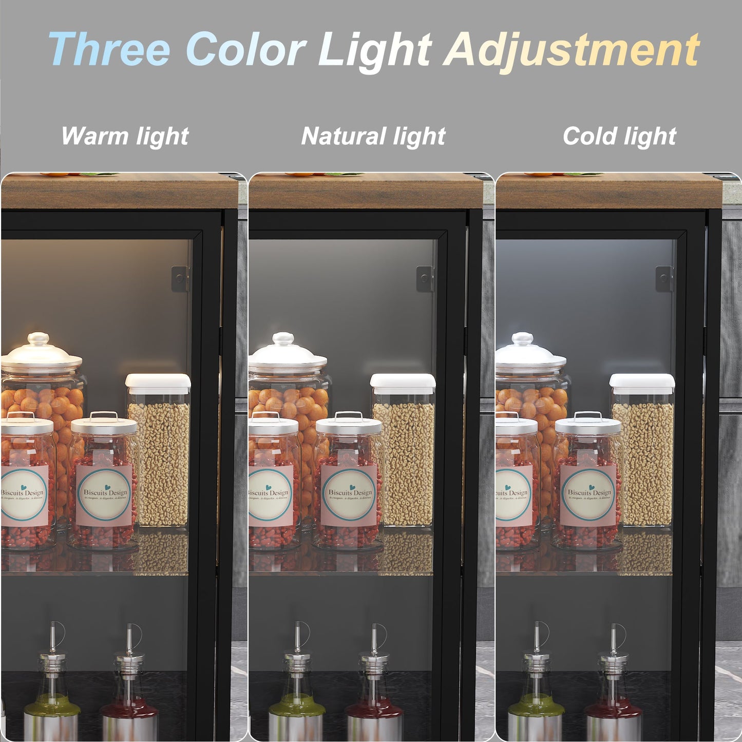 Îlot de cuisine 77,6 po avec porte vitrée, 3 tiroirs, éclairage double face