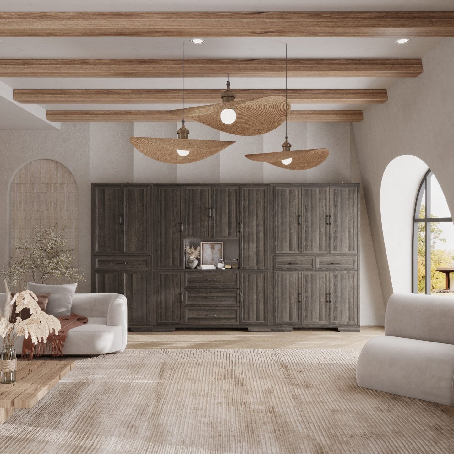 Meuble de rangement modulaire élégant : design épuré et combinaison de compartiments ouverts et fermés.