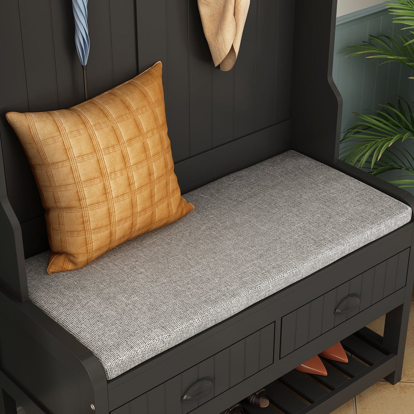 Meuble d'entrée moderne 4 en 1 avec banc de rangement, porte-manteau, étagères et tiroirs pour entrée ou salon