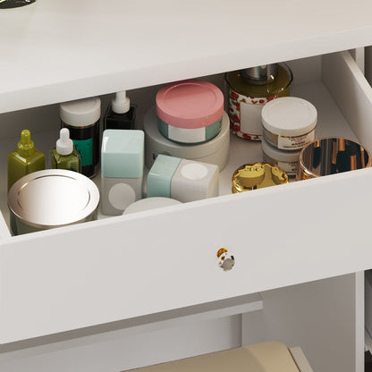 Ensemble coiffeuse avec miroir coulissant éclairé, tabouret rembourré, 5 tiroirs et étagères