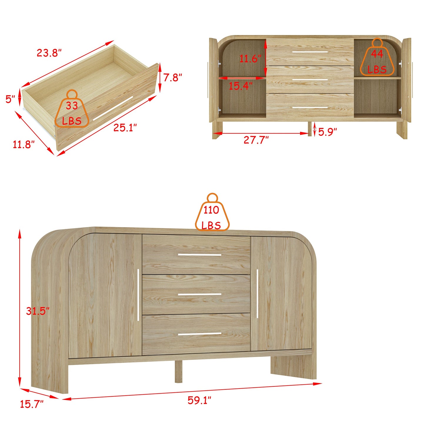 Buffet/meuble de rangement de 59 po de largeur
