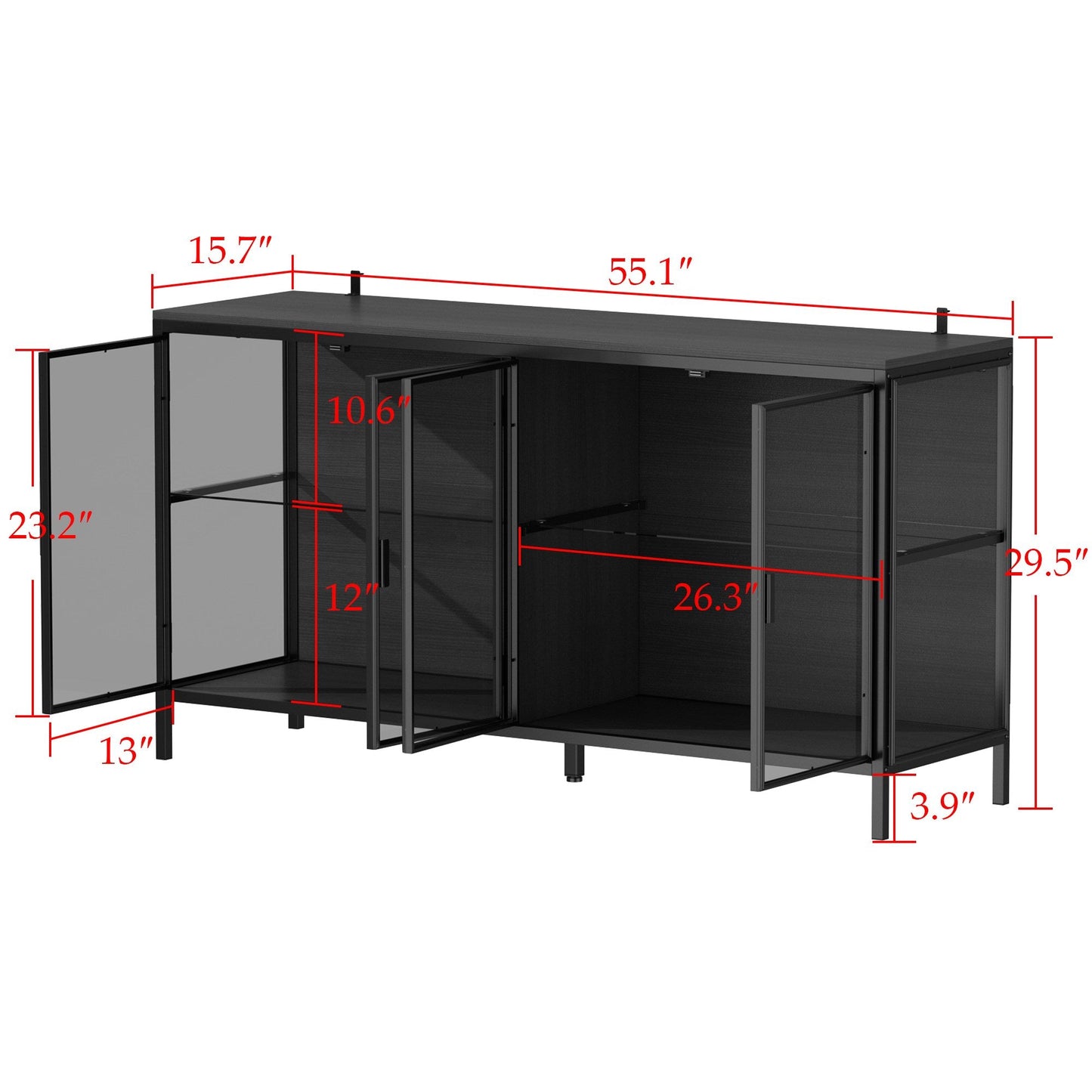 Buffet de 140 cm de large avec portes vitrées et éclairage LED