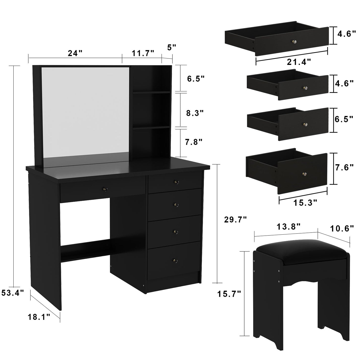 Ensemble coiffeuse avec miroir coulissant éclairé, tabouret rembourré, 5 tiroirs et étagères