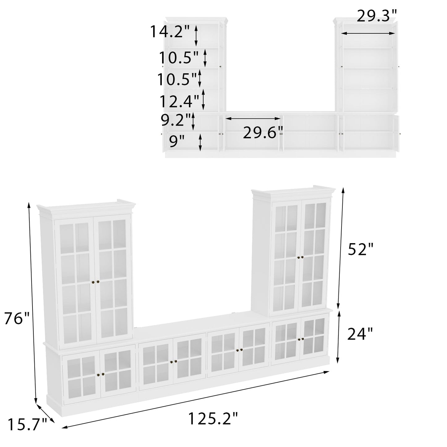 Meuble TV de 125 pouces de large avec armoires de rangement et portes vitrées