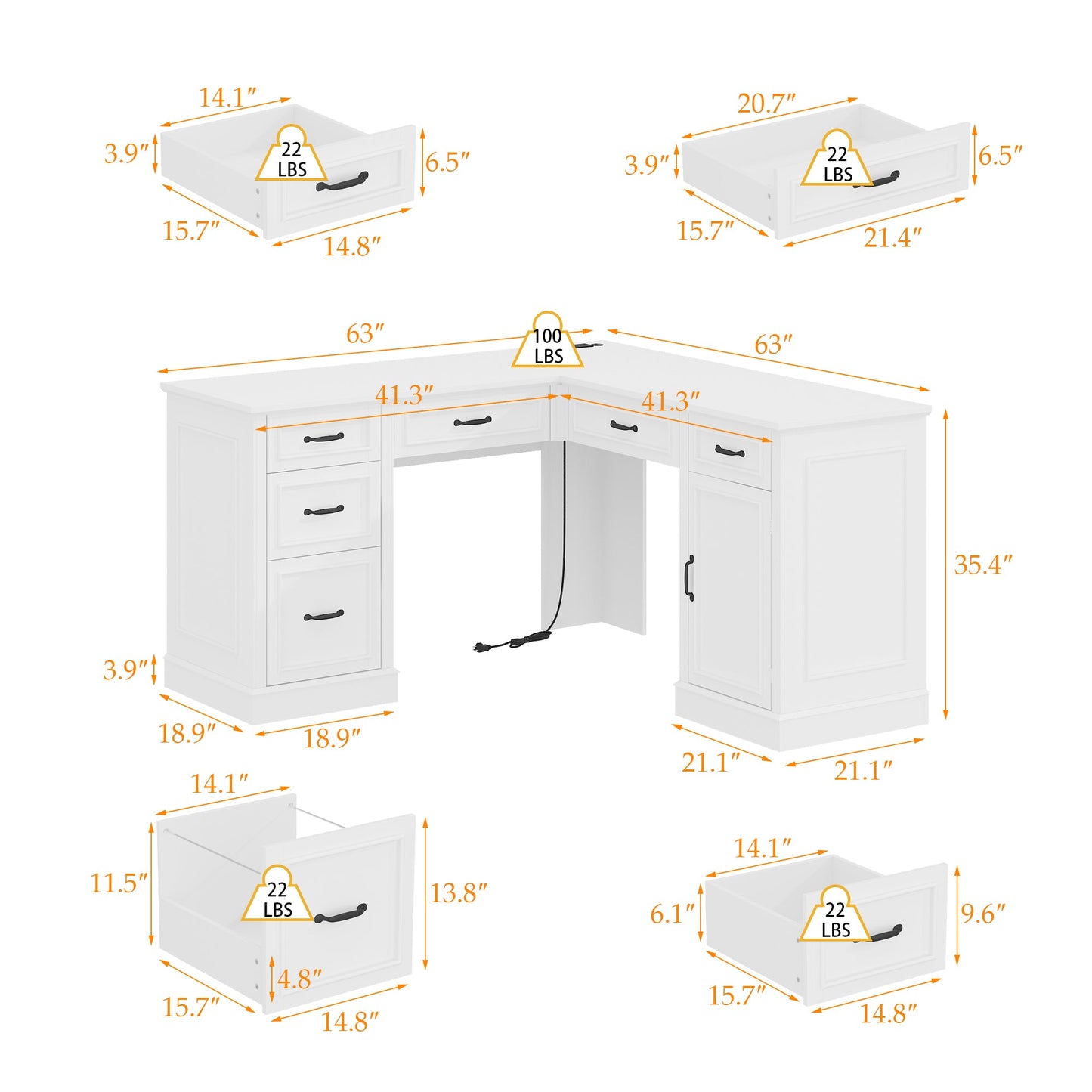 Bureau d'ordinateur en L de 160 cm de large avec tiroir à dossiers suspendus