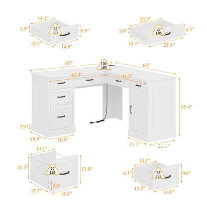 Bureau d'ordinateur en L de 160 cm de large avec tiroir à dossiers suspendus