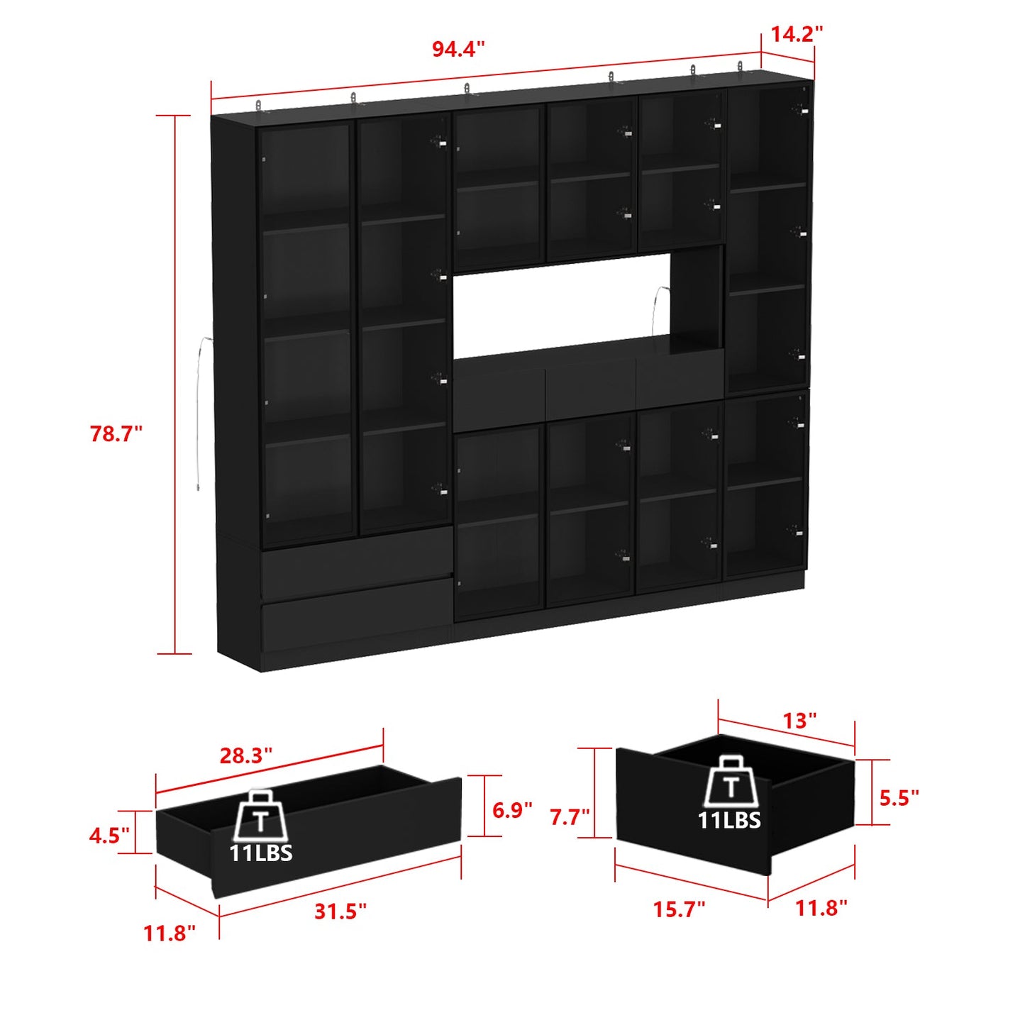 Vitrine de rangement avec éclairage LED et portes en verre trempé