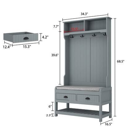Meuble d'entrée moderne 4 en 1 avec banc de rangement, porte-manteau, étagères et tiroirs pour entrée ou salon