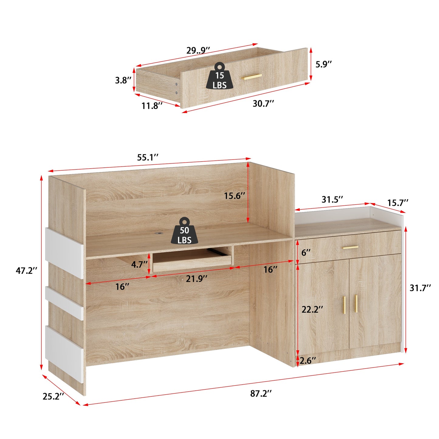 Bureau d'accueil rectangulaire de 87,2 po de largeur avec tiroir et plateau pour clavier