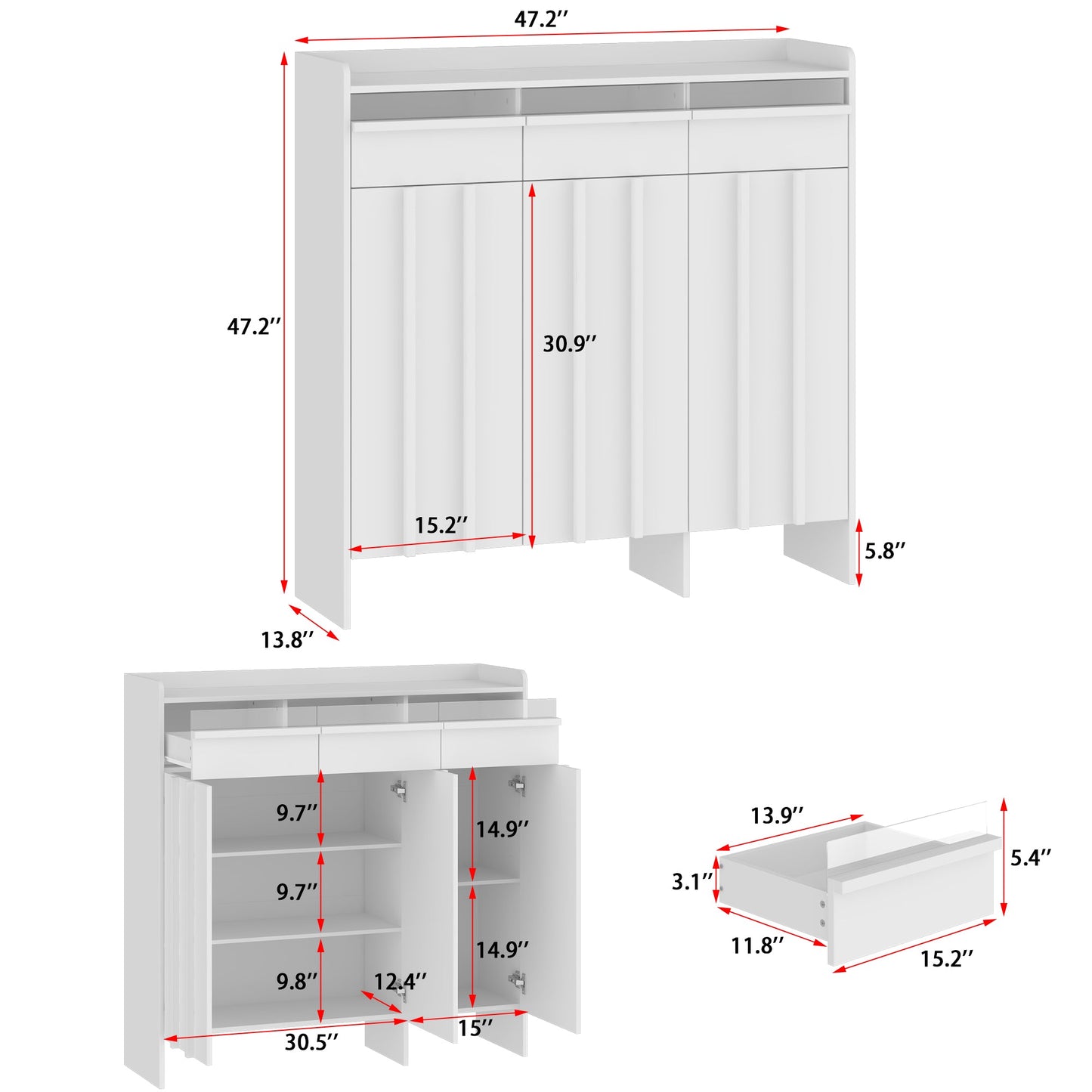 Meuble à chaussures à 3 tiroirs et 3 portes avec éclairage LED