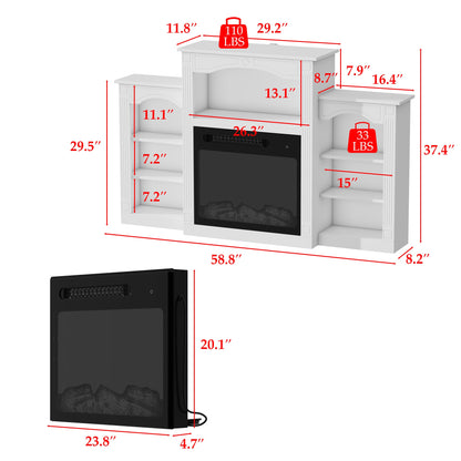 Meuble TV avec cheminée chauffante blanche de 150 cm de large, étagères ouvertes et minuterie