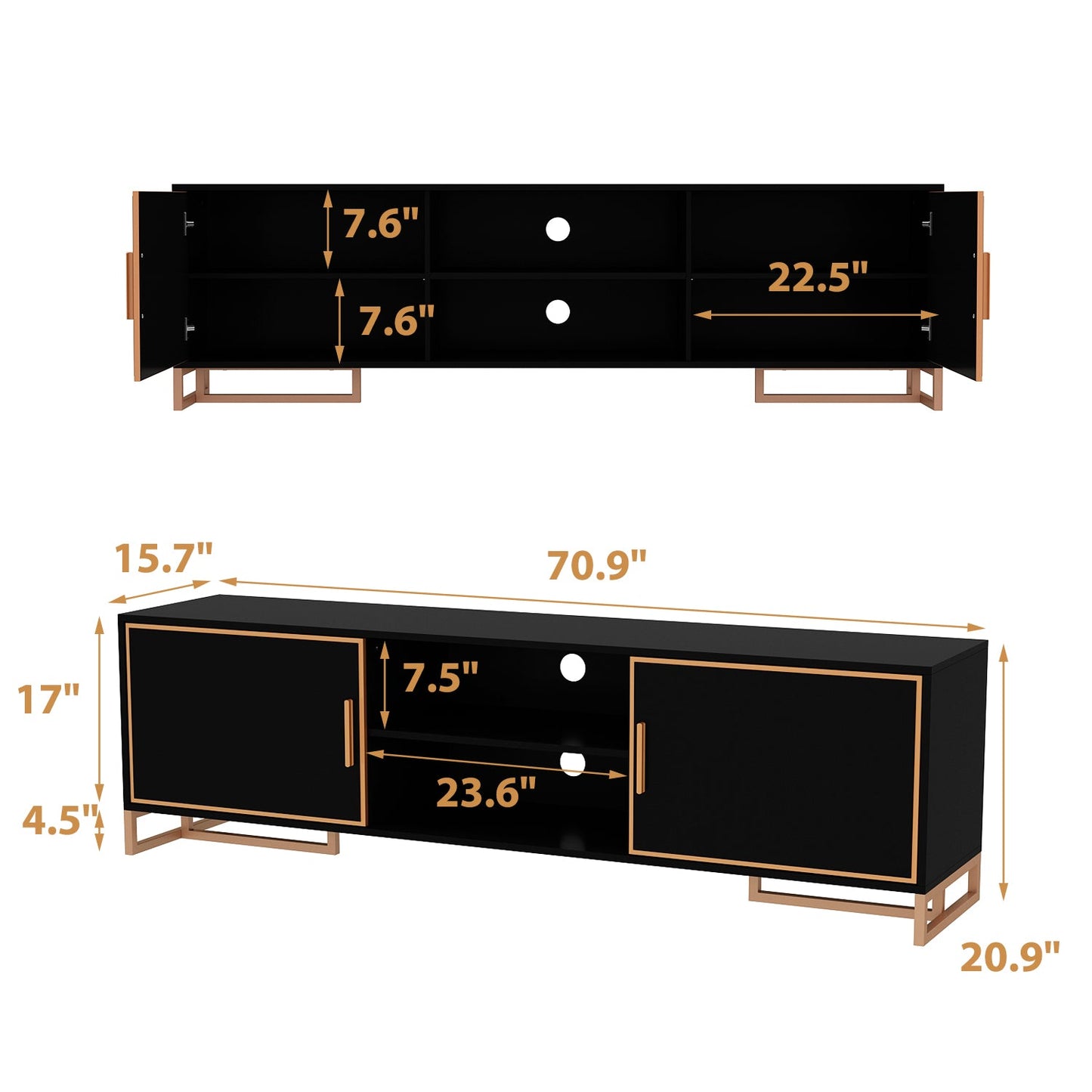 Meuble TV et centre multimédia à 2 portes de 70,9 pouces de large avec 2 étagères ouvertes
