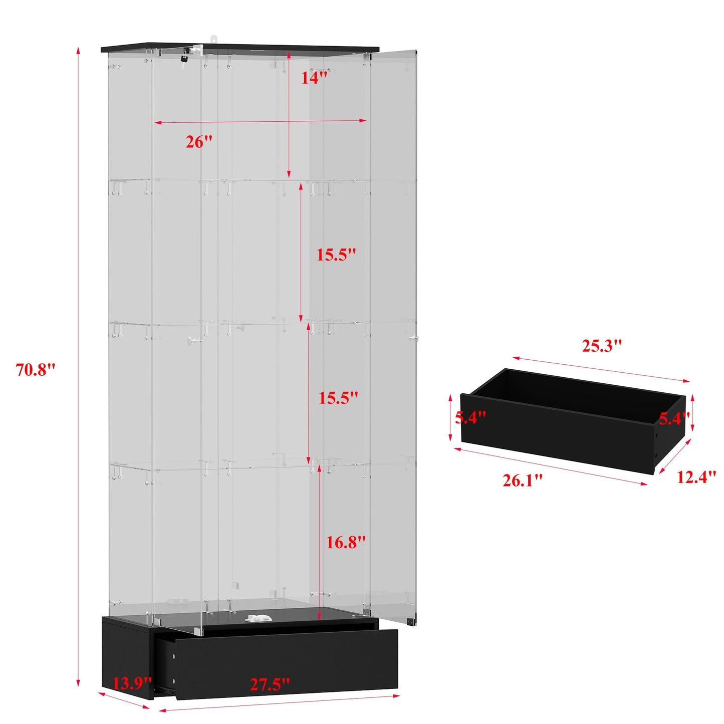 Bibliothèque vitrine transparente avec tiroir et serrure, 180 cm de hauteur x 70 cm de largeur