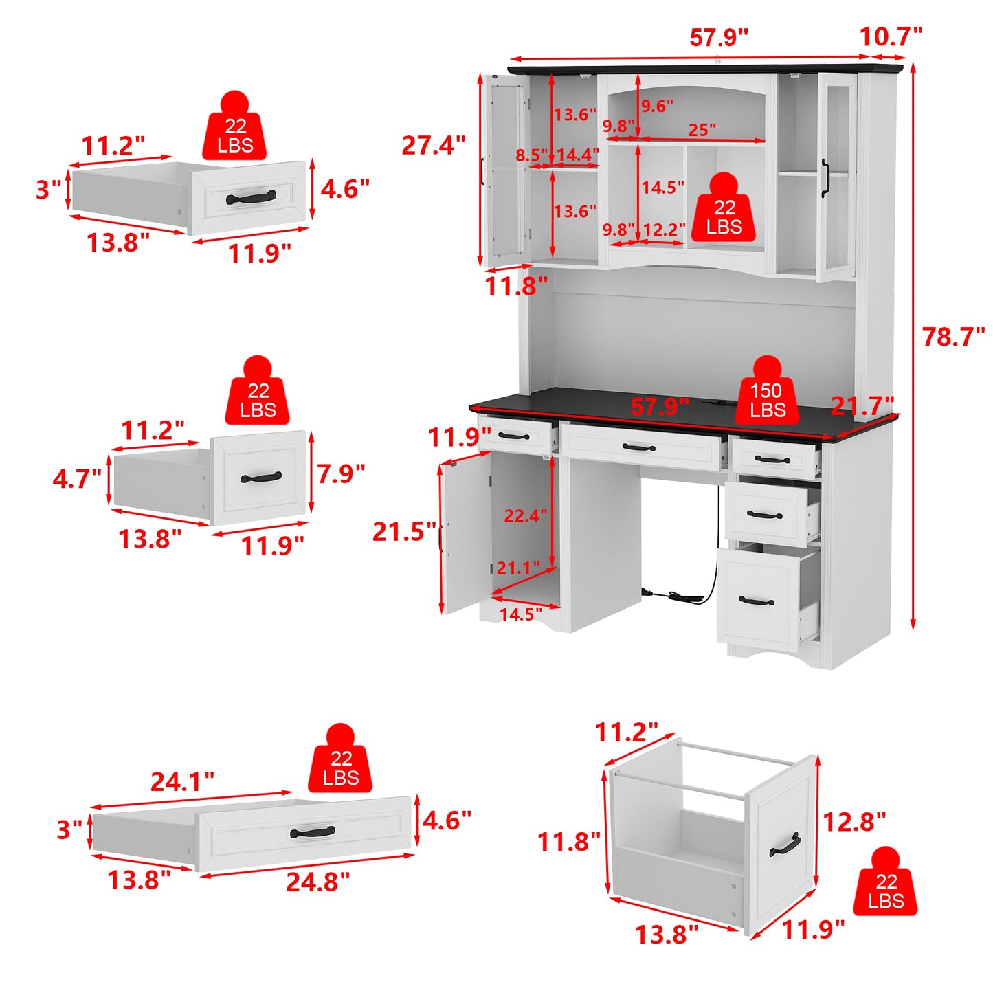 Bureau d'ordinateur à 6 tiroirs avec étagère et prise, 78,7 cm de hauteur x 58 cm de largeur