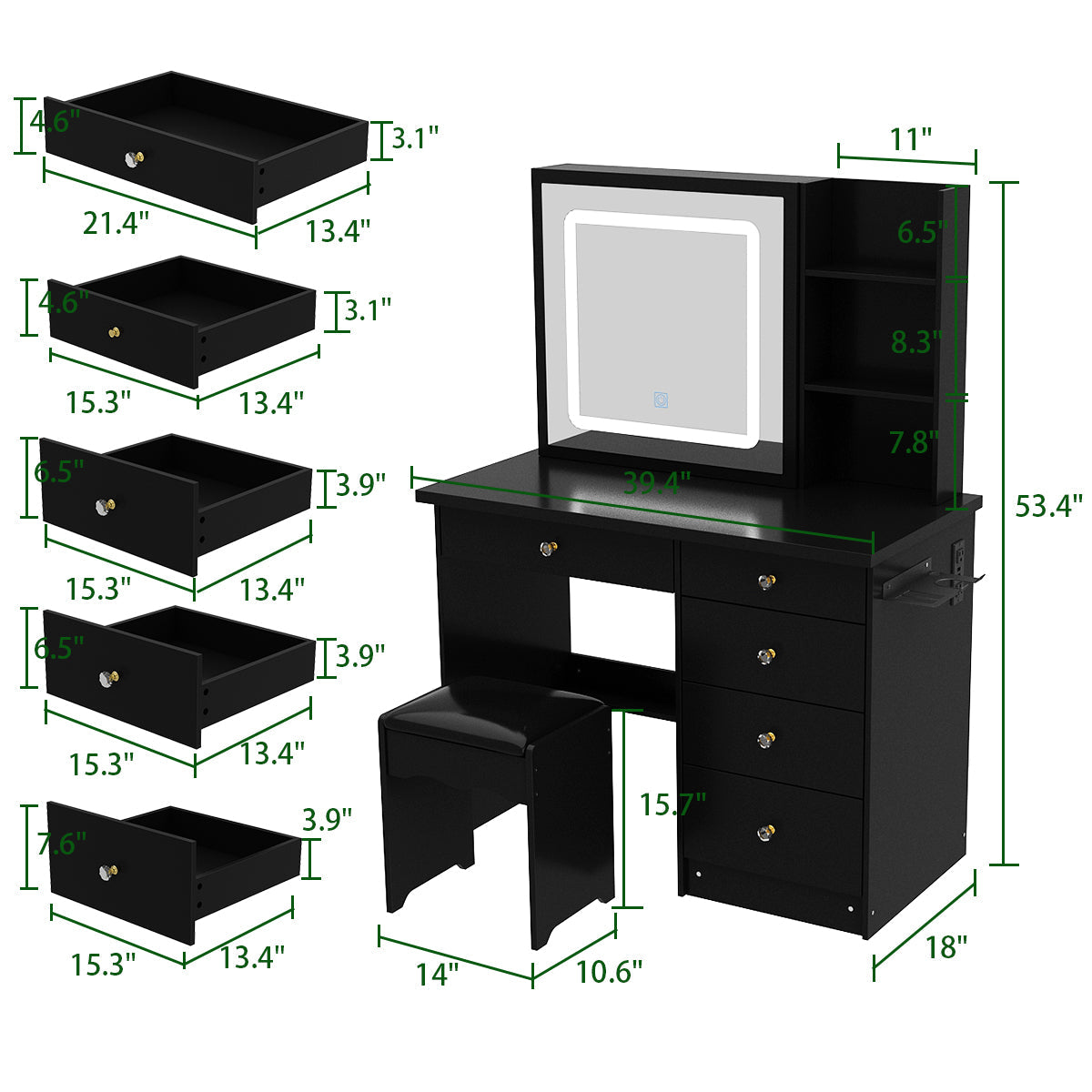 Coiffeuse avec miroir lumineux et prise électrique 