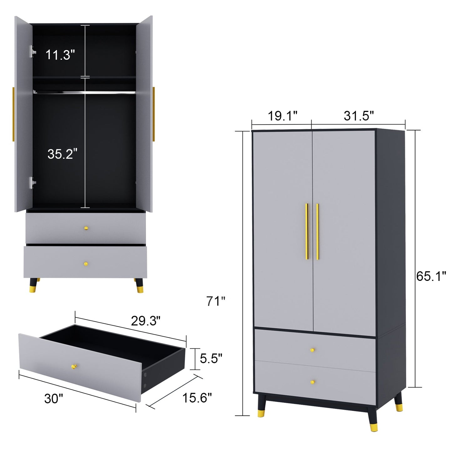 Armoire moderne grand placard de rangement 2 portes 2 tiroirs