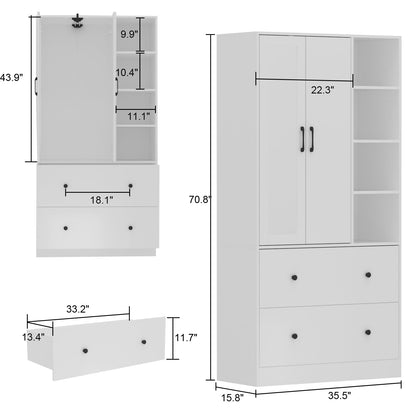 Armoire de rangement à 2 portes, 2 tiroirs et 1 miroir pour chambre à coucher