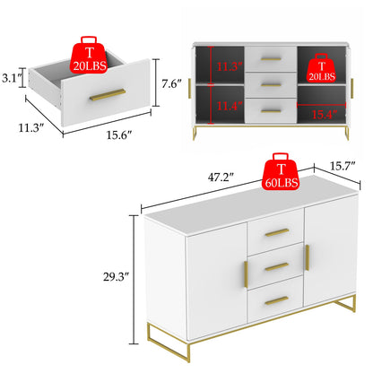 Meuble de rangement à 3 tiroirs et 2 portes, pieds en métal, pour salle à manger et salon