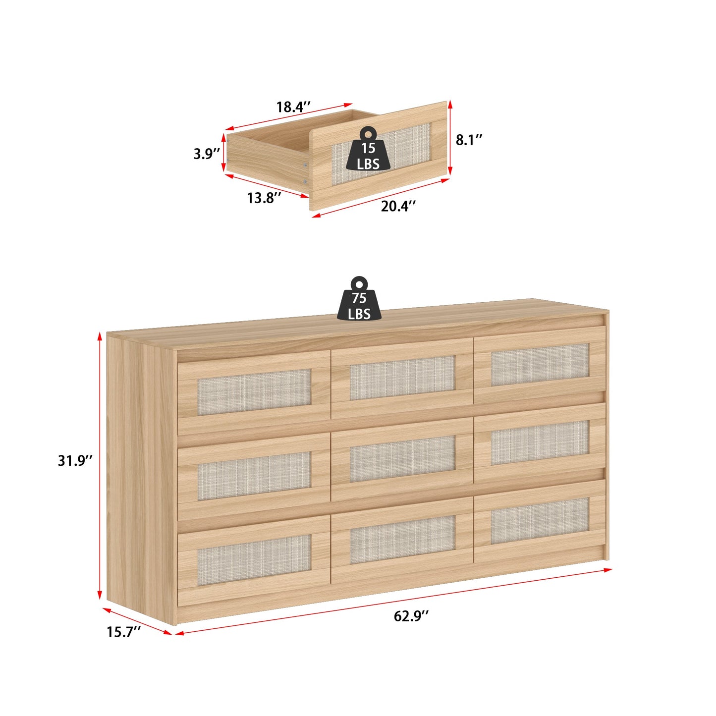 Commode en bois moyen à 9 tiroirs de 62,9 cm de large
