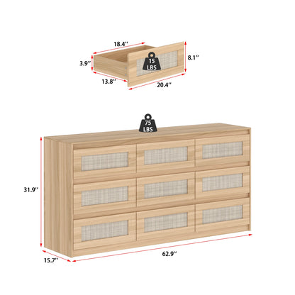 Commode en bois moyen à 9 tiroirs de 62,9 cm de large