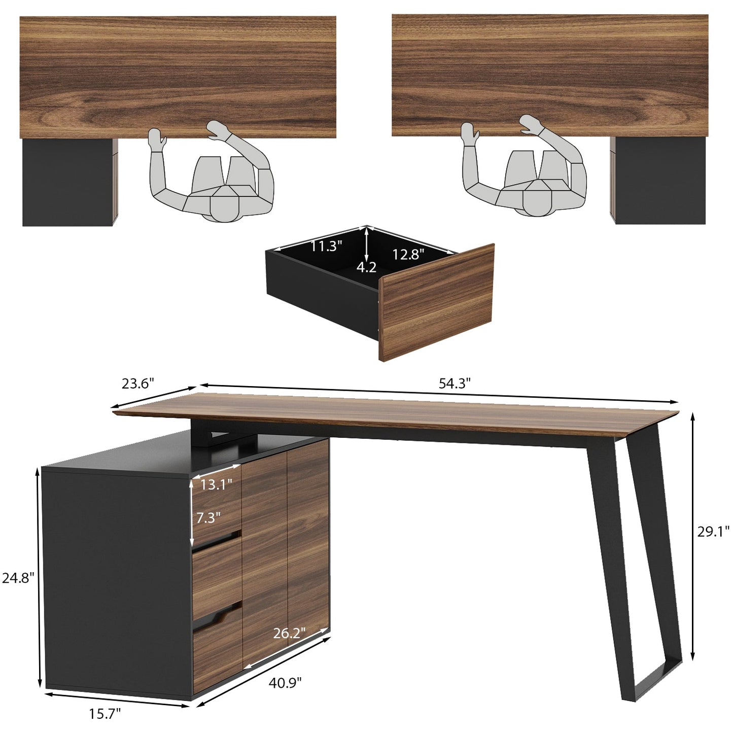 Bureau d'angle en forme de L avec tiroirs, finition bois brun.
