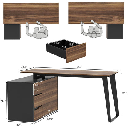 Bureau d'angle en forme de L avec tiroirs, finition bois brun.