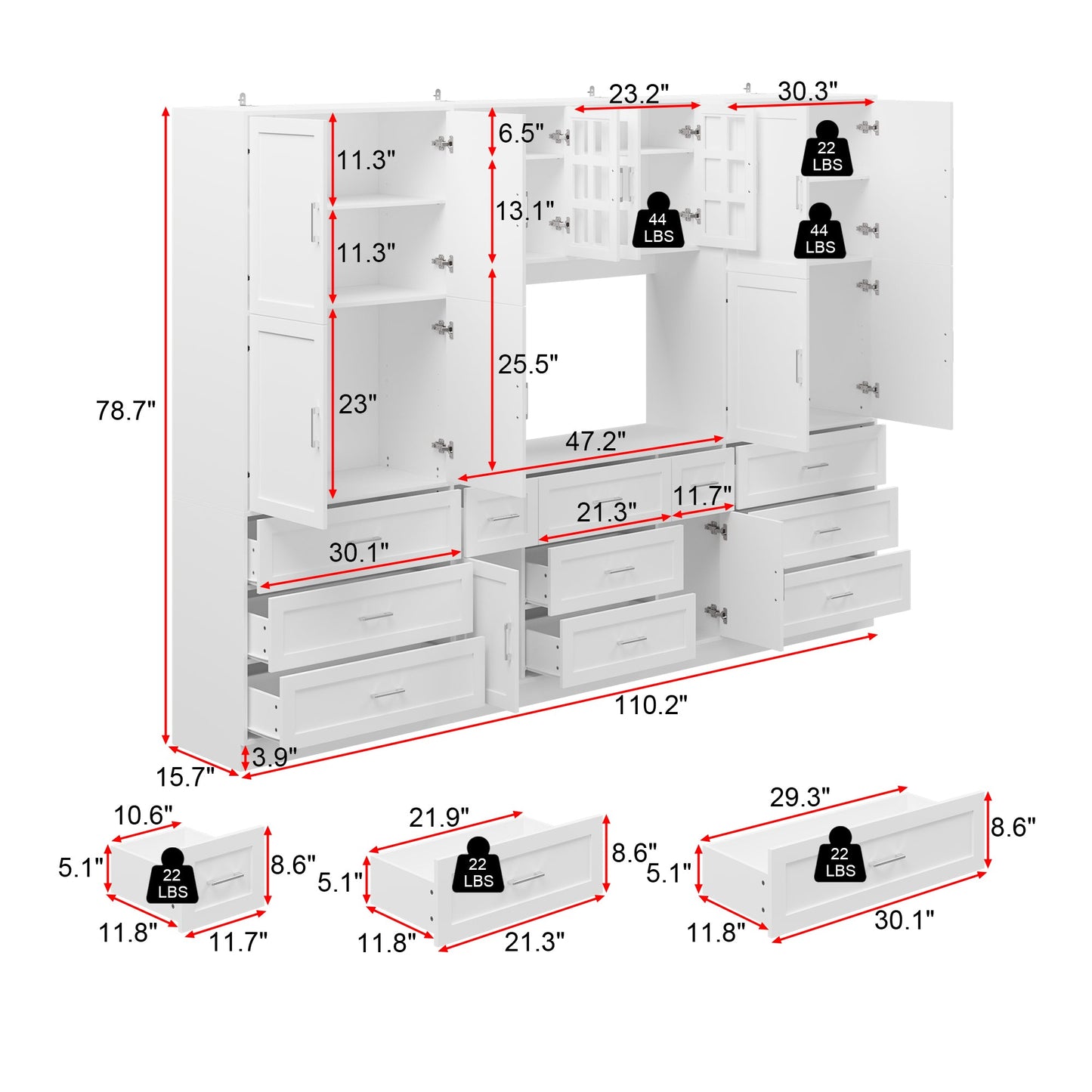 Bibliothèque à 11 tiroirs avec portes vitrées, 78,7 po H x 110 po L