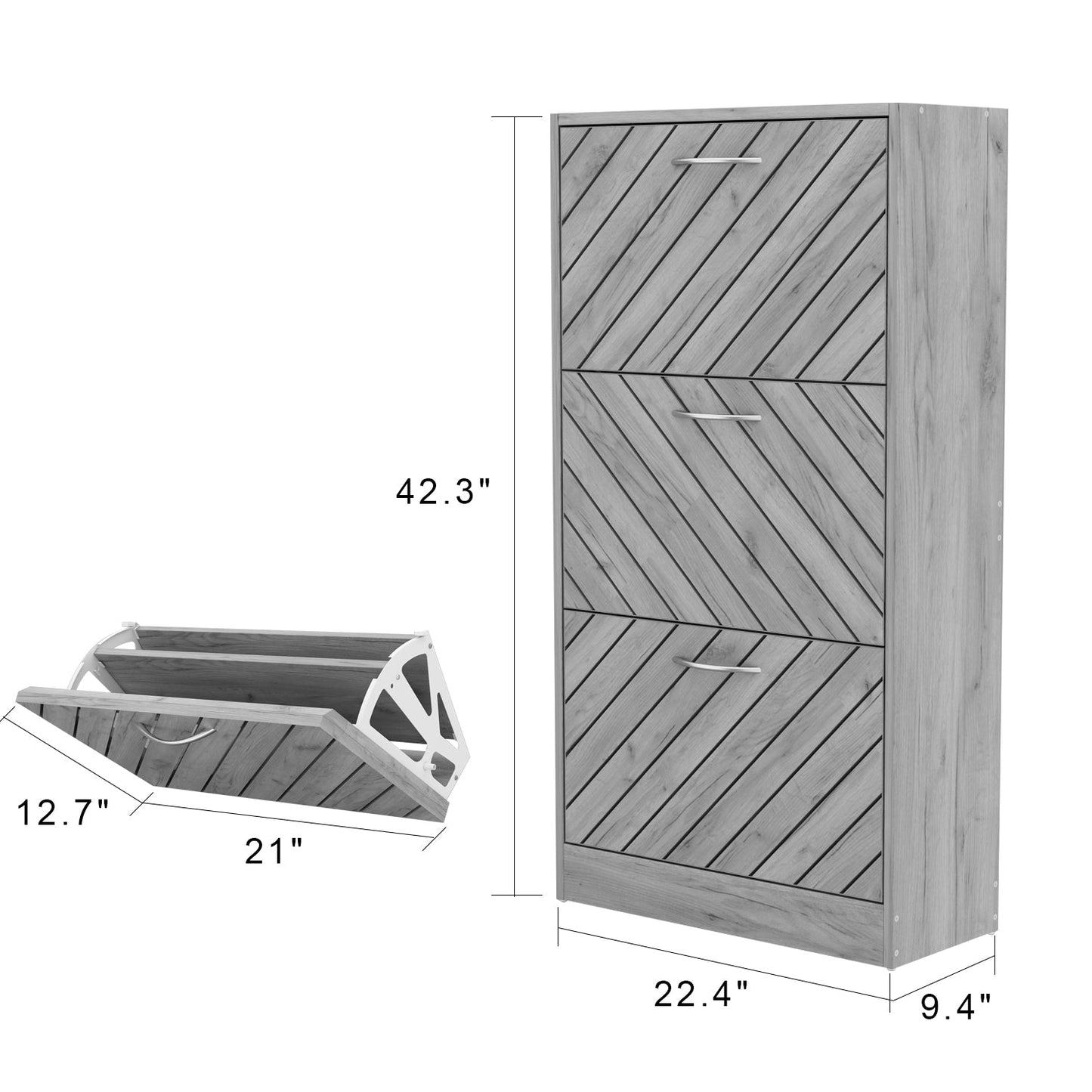 Meuble à chaussures vieilli avec 3 tiroirs rabattables pour entrée et couloir 