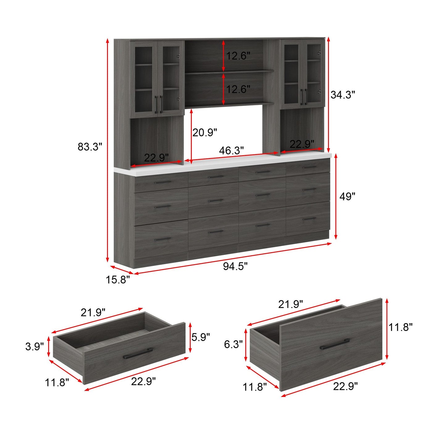 Buffet de cuisine de grande taille (94,5 po) avec garde-manger intégré