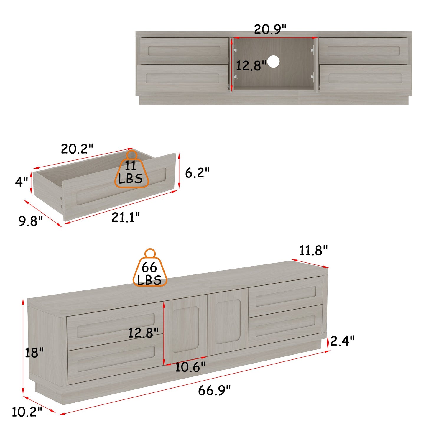 Meuble TV 4 tiroirs 67'' L Centre multimédia