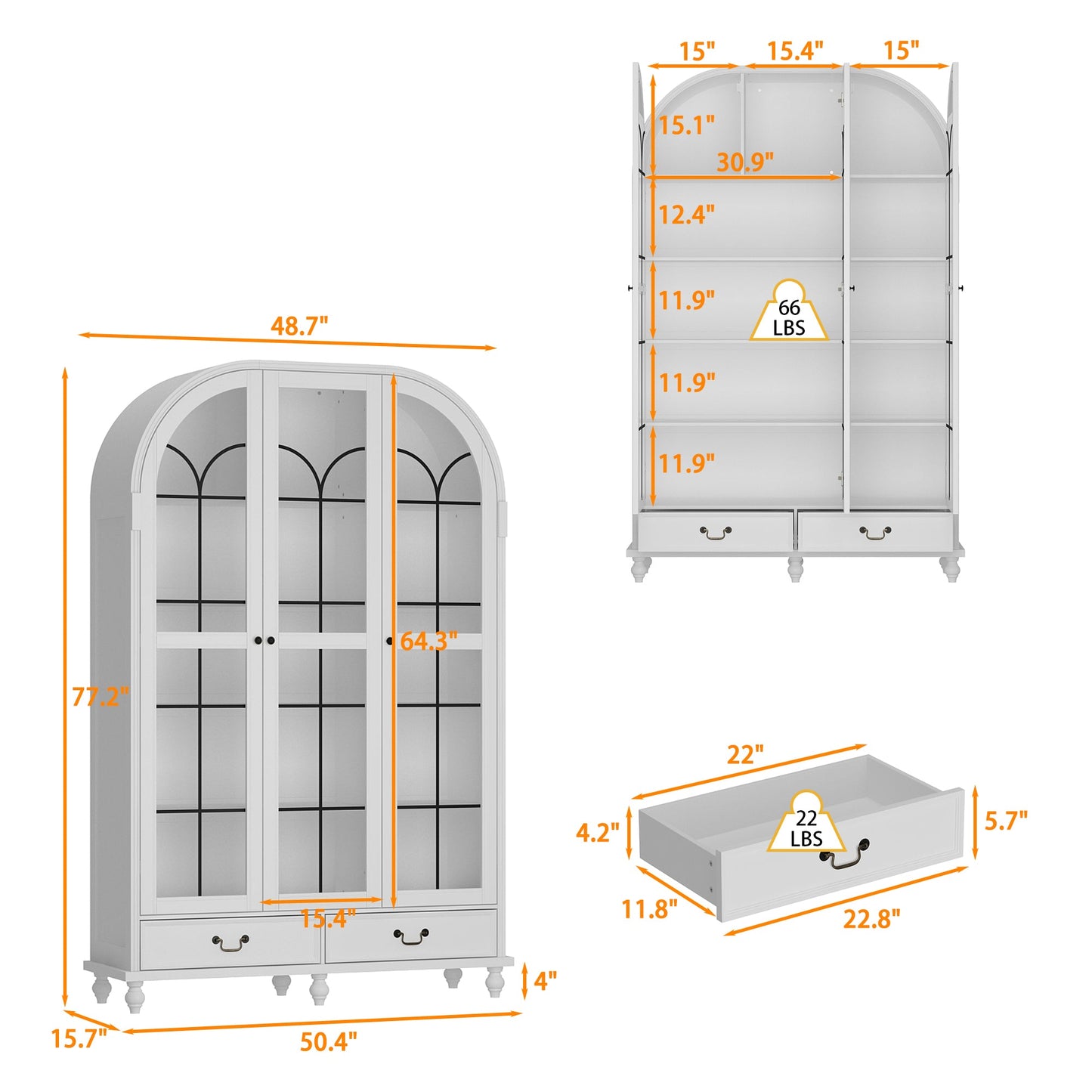 Bibliothèque blanche cintrée à 5 niveaux avec portes et tiroirs en verre, 77 po H x 50 po L