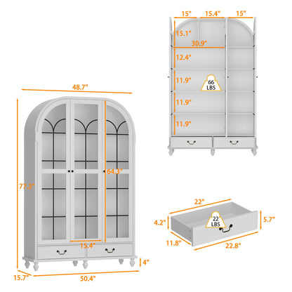 Bibliothèque blanche cintrée à 5 niveaux avec portes et tiroirs en verre, 77 po H x 50 po L
