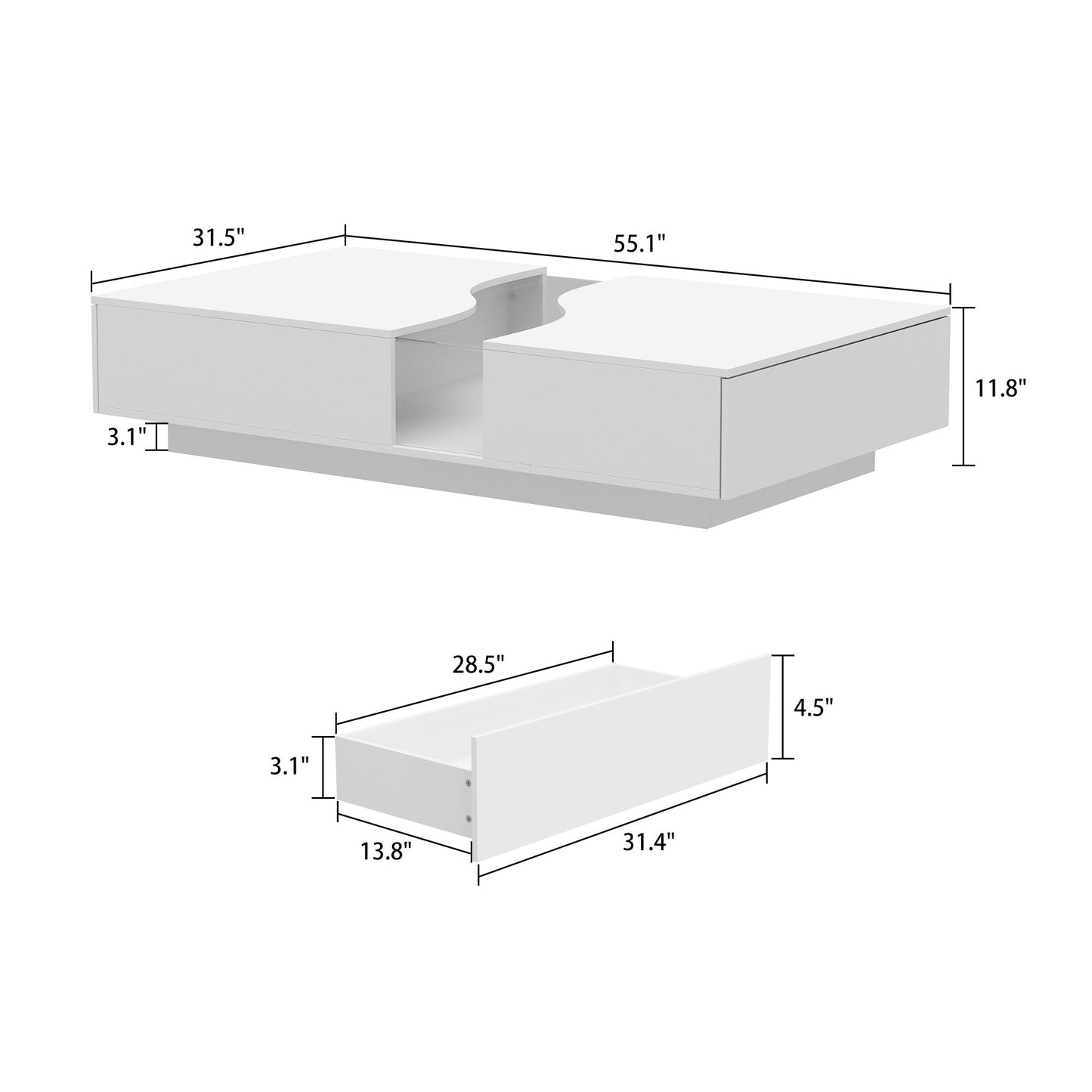 Table basse avec finition en verre au centre