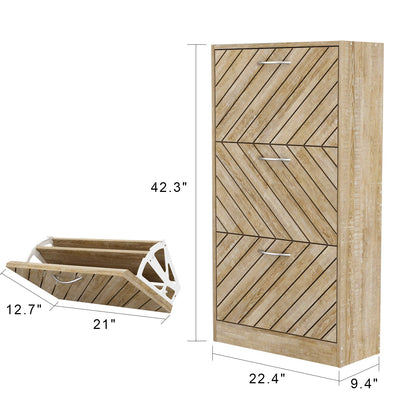 Meuble à chaussures vieilli avec 3 tiroirs rabattables pour entrée et couloir 